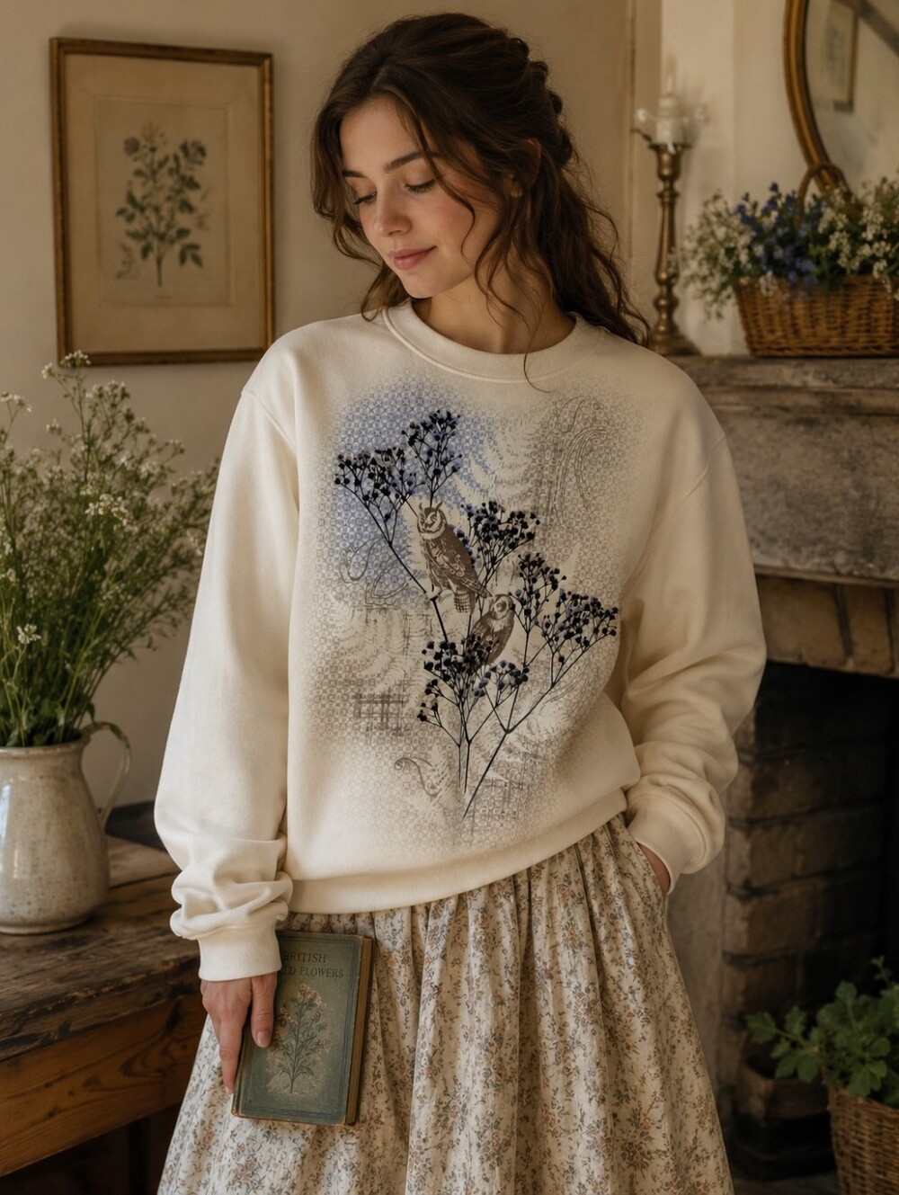 Northern Refections Cottagecore Unique Mandarin Collar Oversized Owl Sweatshirt